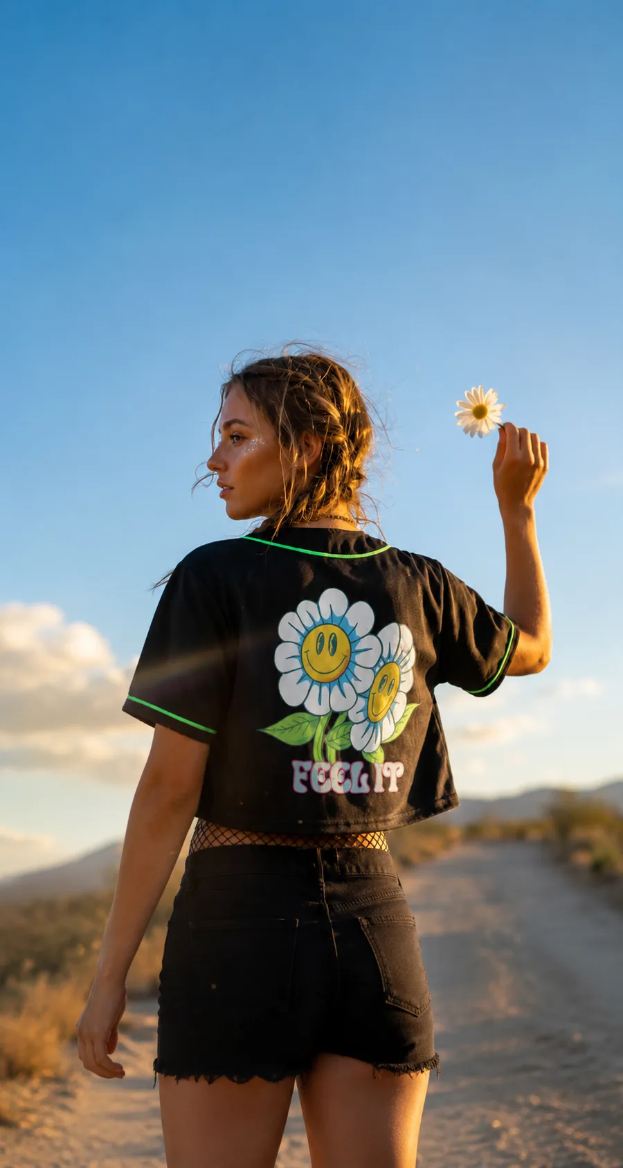 Woman wearing a black RaveJersey daisy 'Feel It' festival jersey at sunset